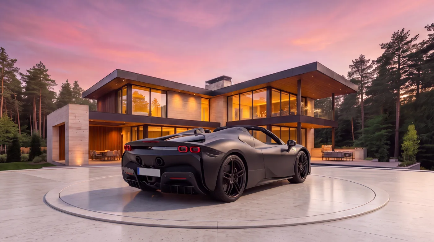 Concept supercar, rear three-quarter view at sunset